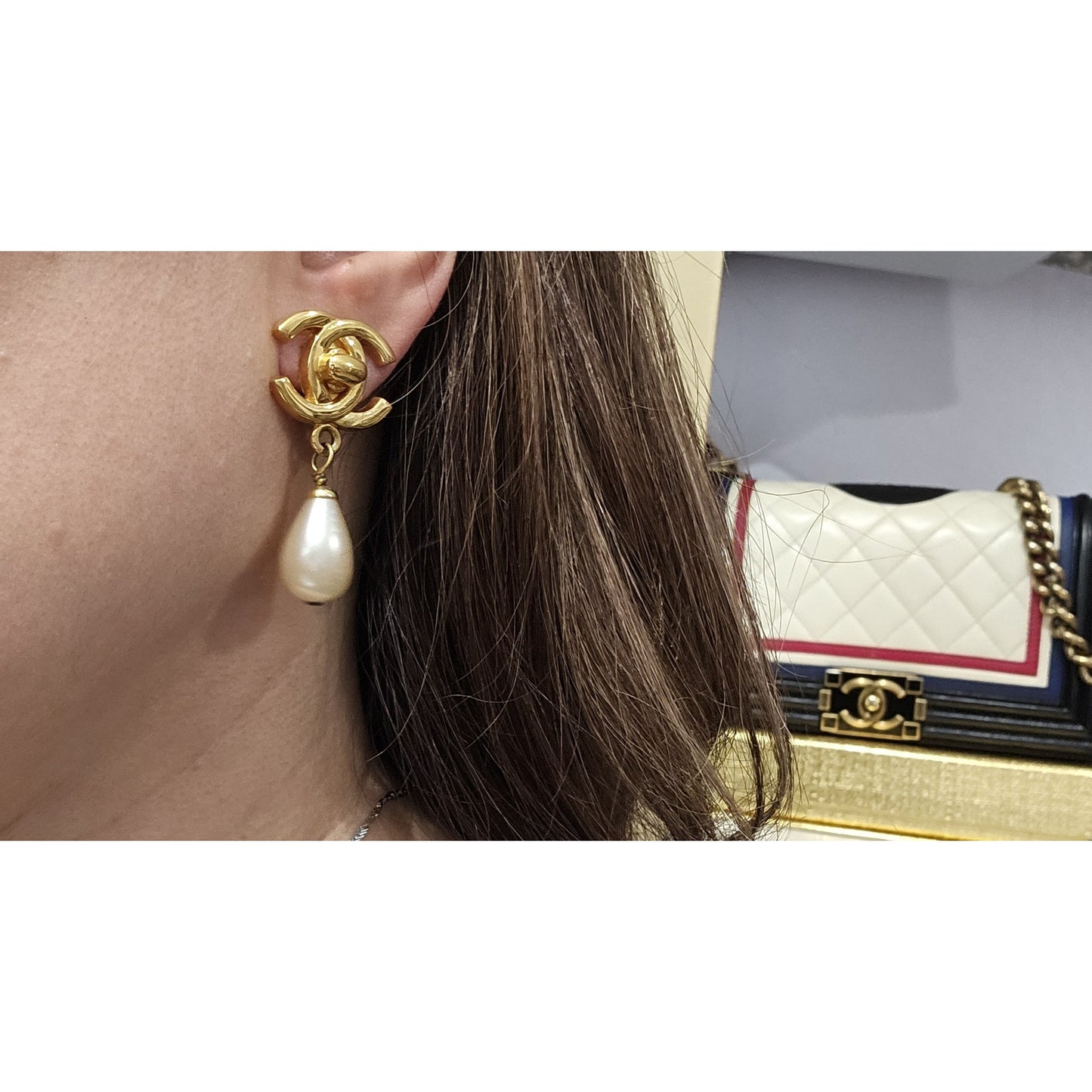 Chanel Classic CC Turnlock and Pearl Drop Earrings 24K Gold Plated