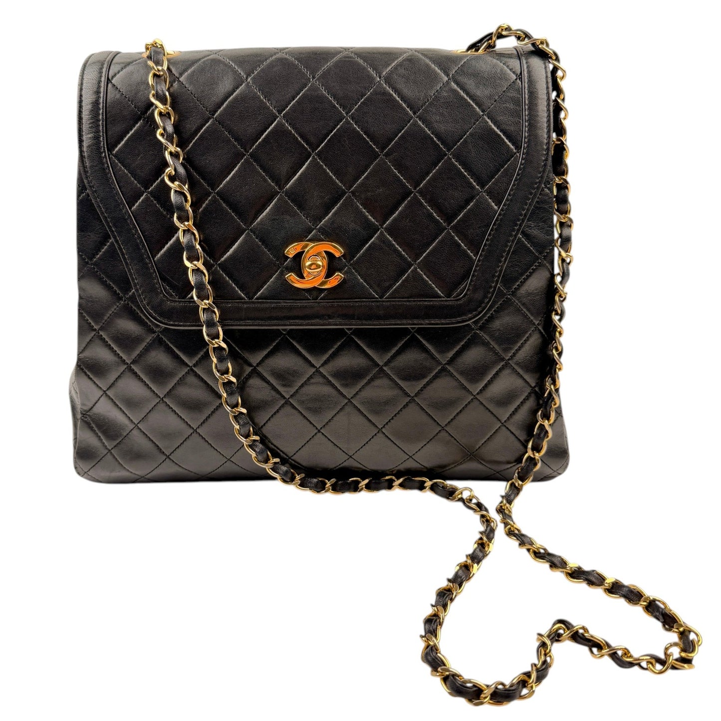 Chanel Vintage Black Quilted Trapezoid Flap Shoulder Bag with Wallet