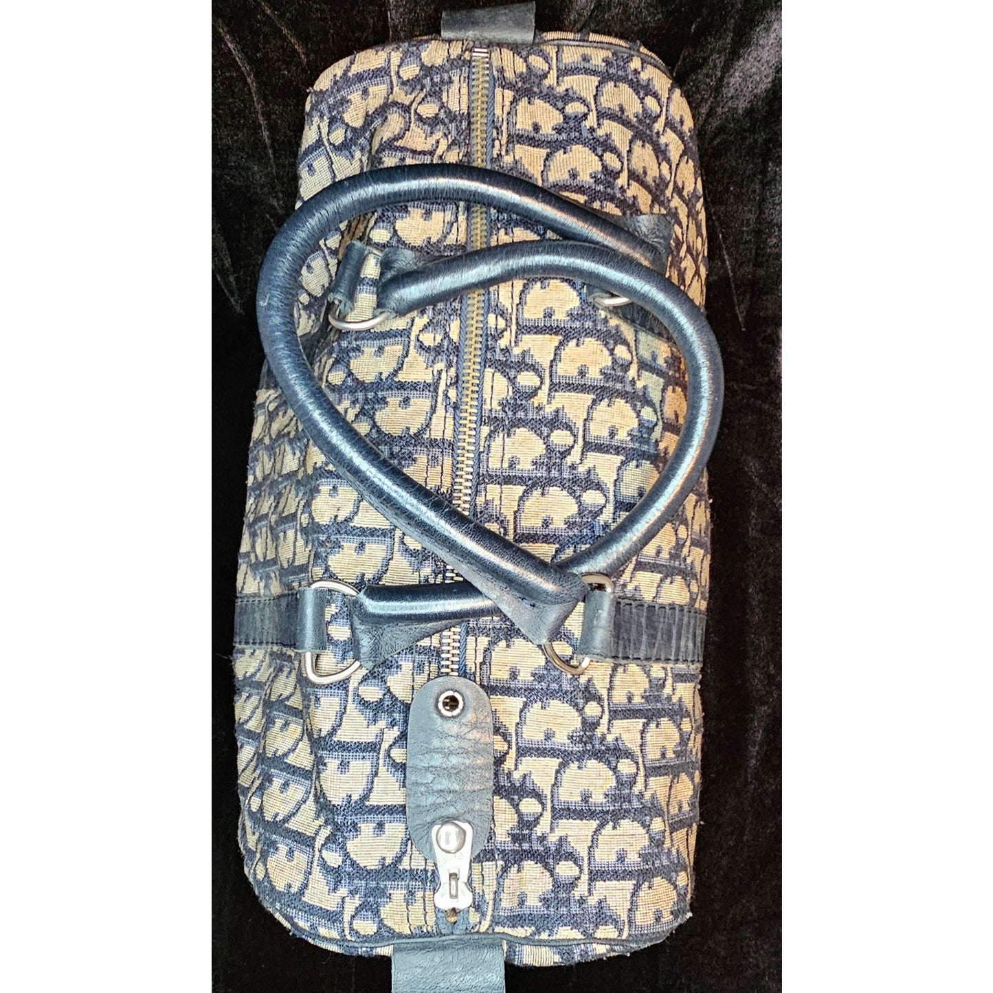 Christian Dior Vintage  Trotter Boston bag in navy blue canvas with leather trim