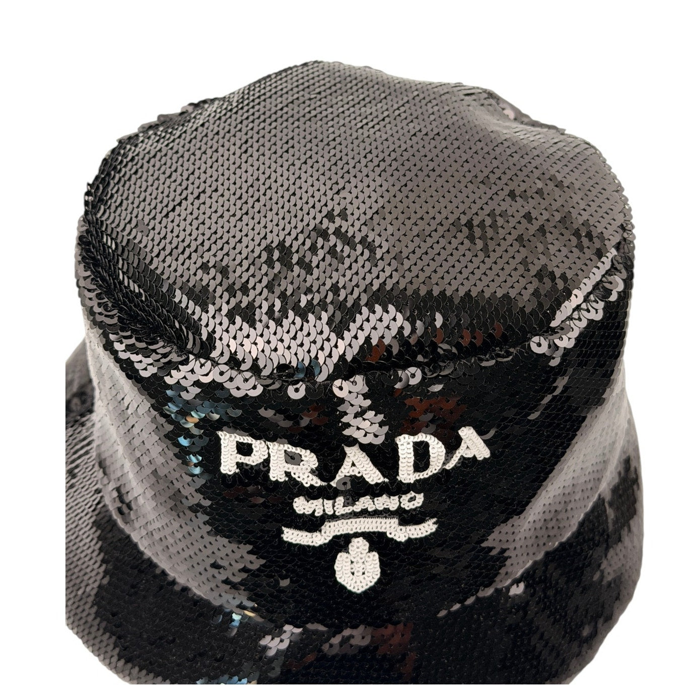 Prada logo-embellished sequined black bucket hat -LARGE