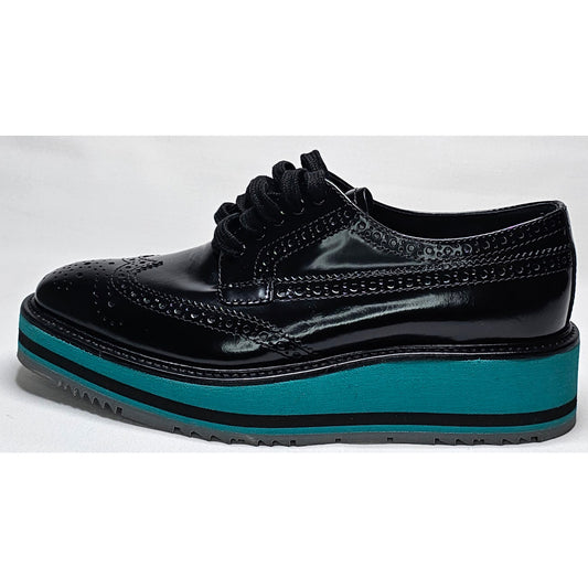 Authentic Prada Black Leather Lasercut Accents Oxford Platform Shoes Size 35.5