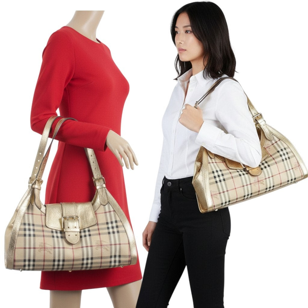 Burberry Burberry Haymarket Check Gold Coated Canvas Shoulder Bag