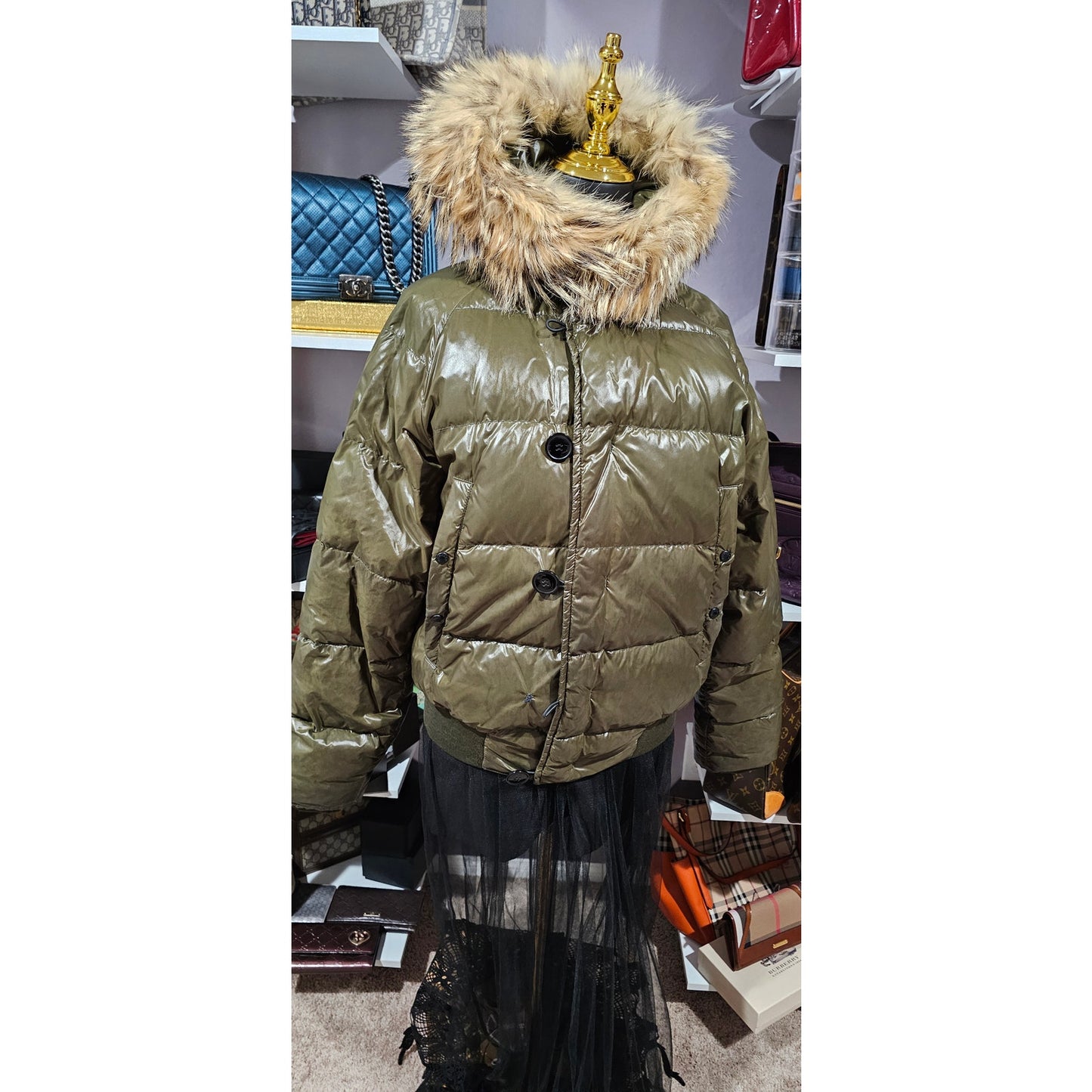 Moncler Down Hooded Jacket with Genuine Fur Olive Green