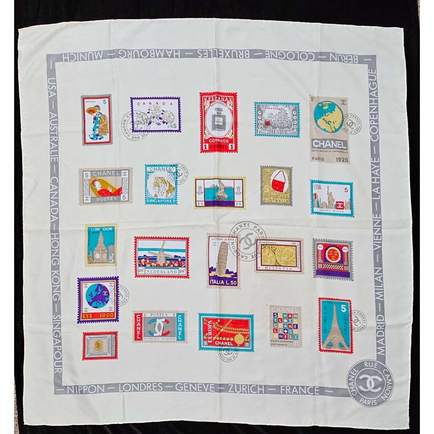 CHANEL "Stamps of the World" Silk Scarf