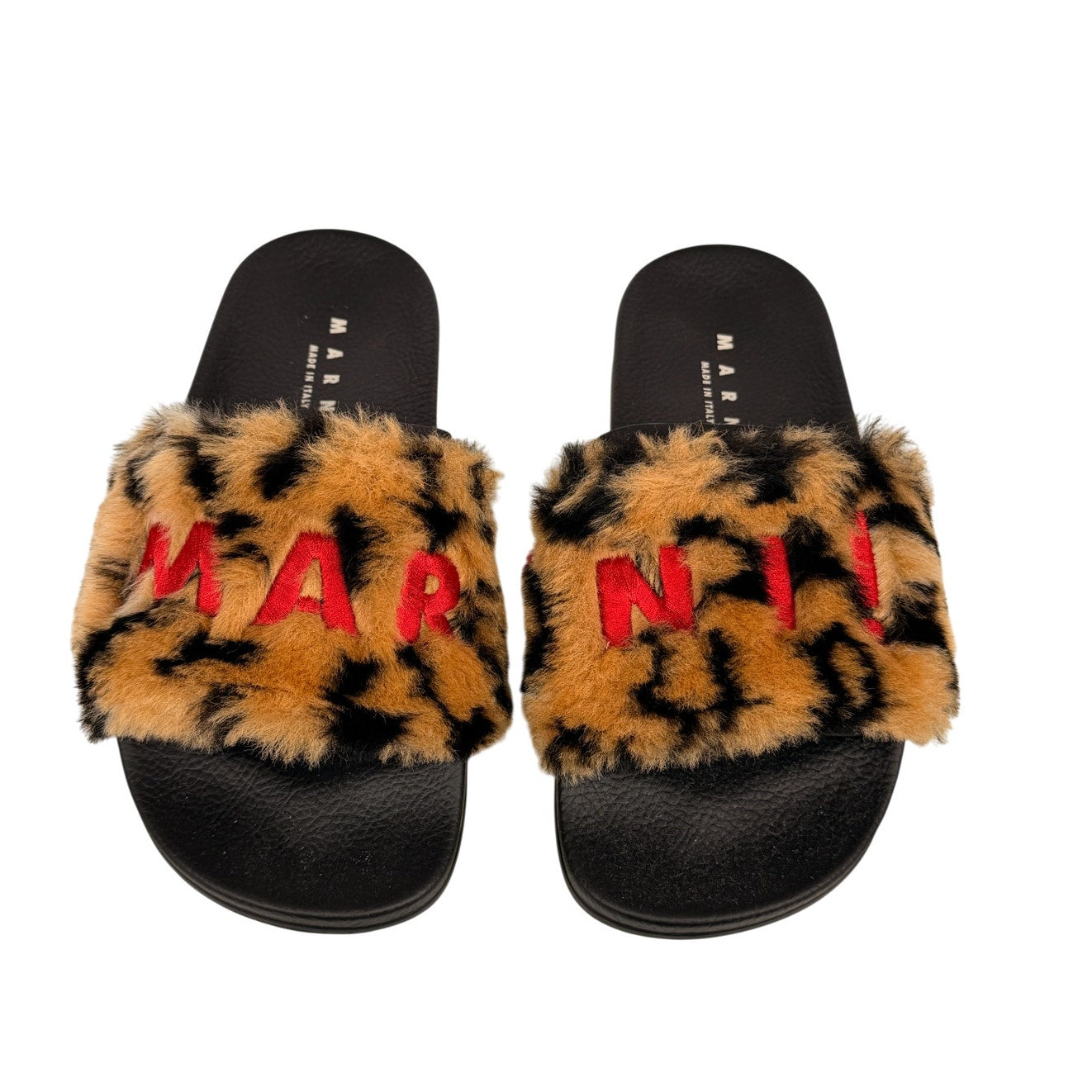 Marni Camel / Black Leopard Faux Fur Embroidered Logo Slide Sandals Brown Sz 36