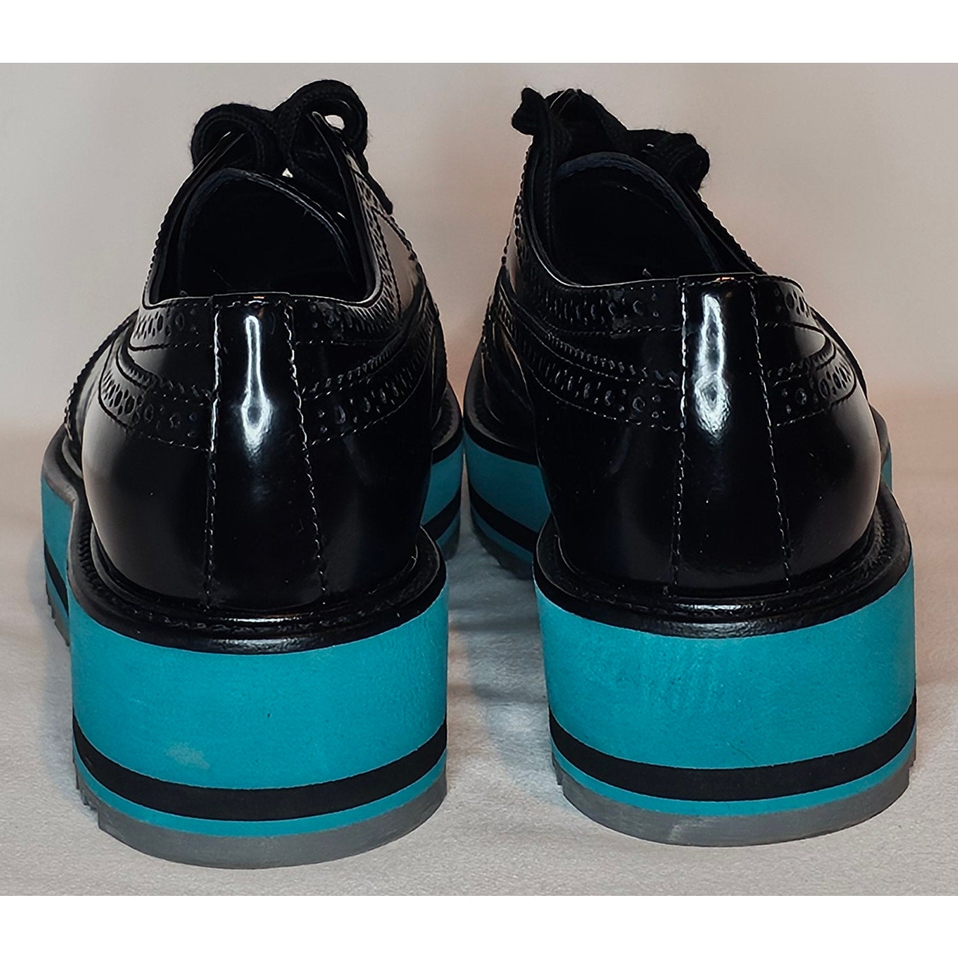 Authentic Prada Black Leather Lasercut Accents Oxford Platform Shoes Size 35.5