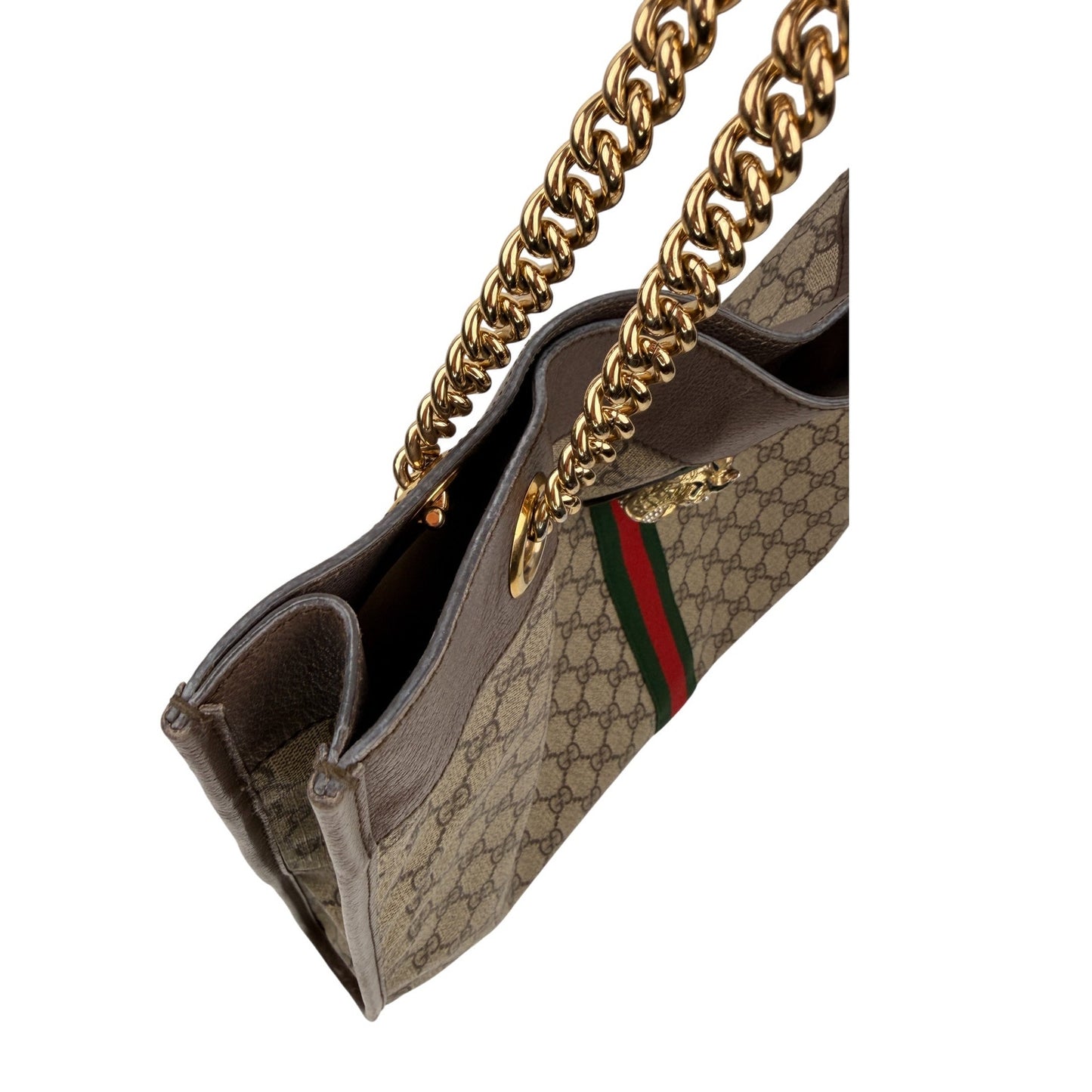 Gucci Rajah Large Tote Bag in GG Supreme canvas, featuring a tiger head detail and chain straps