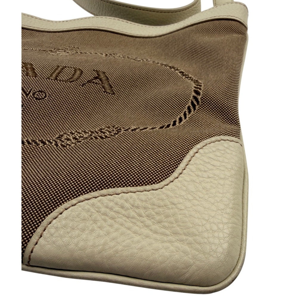 PRADA Canapa Leather Jacquard Crossbody Bag Beige White