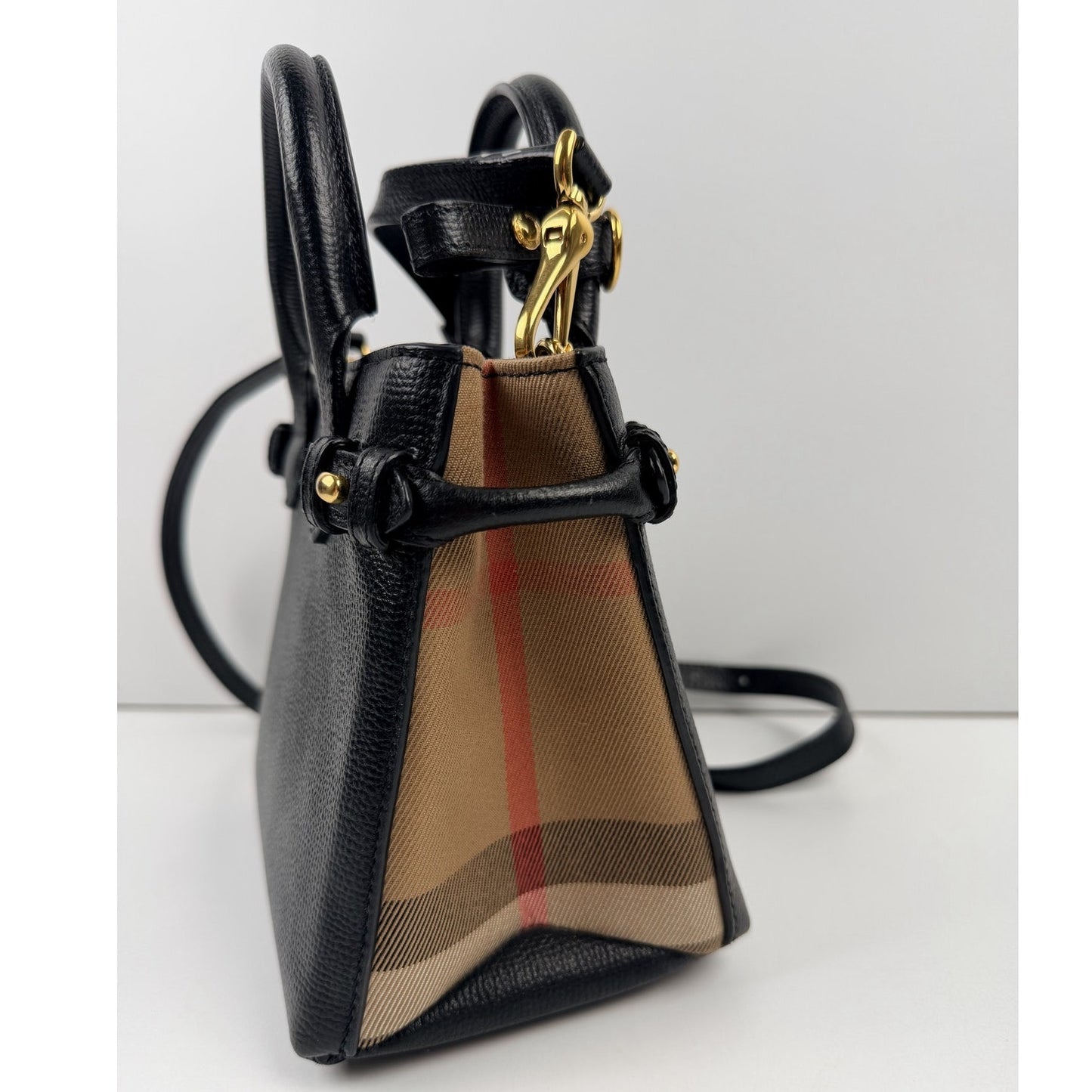 Burberry Banner Tote Leather and House Check Canvas Small