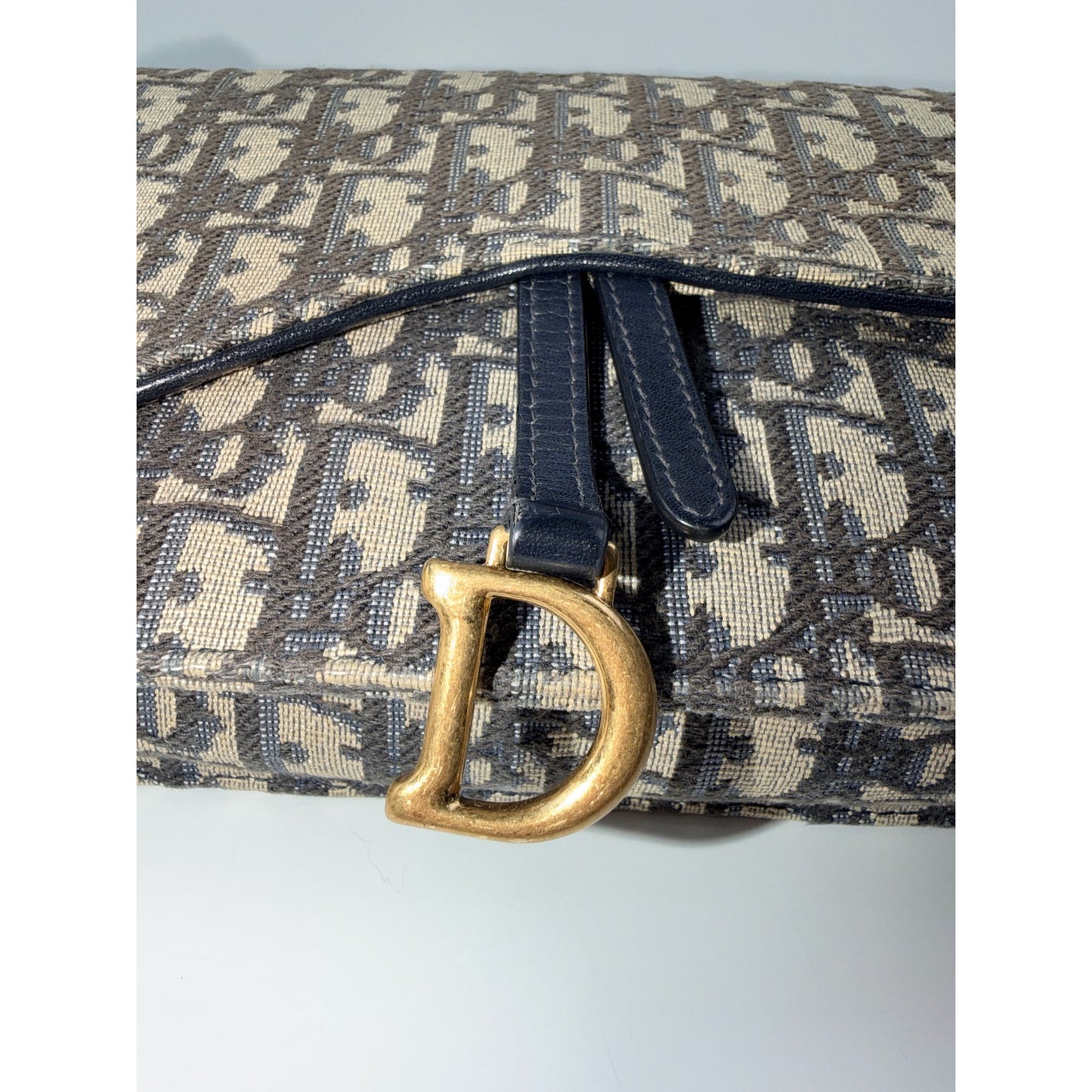 Christian Dior Medium Saddle Pouch with Chain in Blue Dior Oblique Jacquard