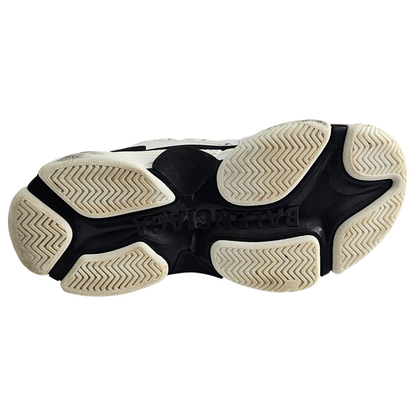 Balenciaga Triple S sneakers in white and black with pink accents and all-over logo detailing