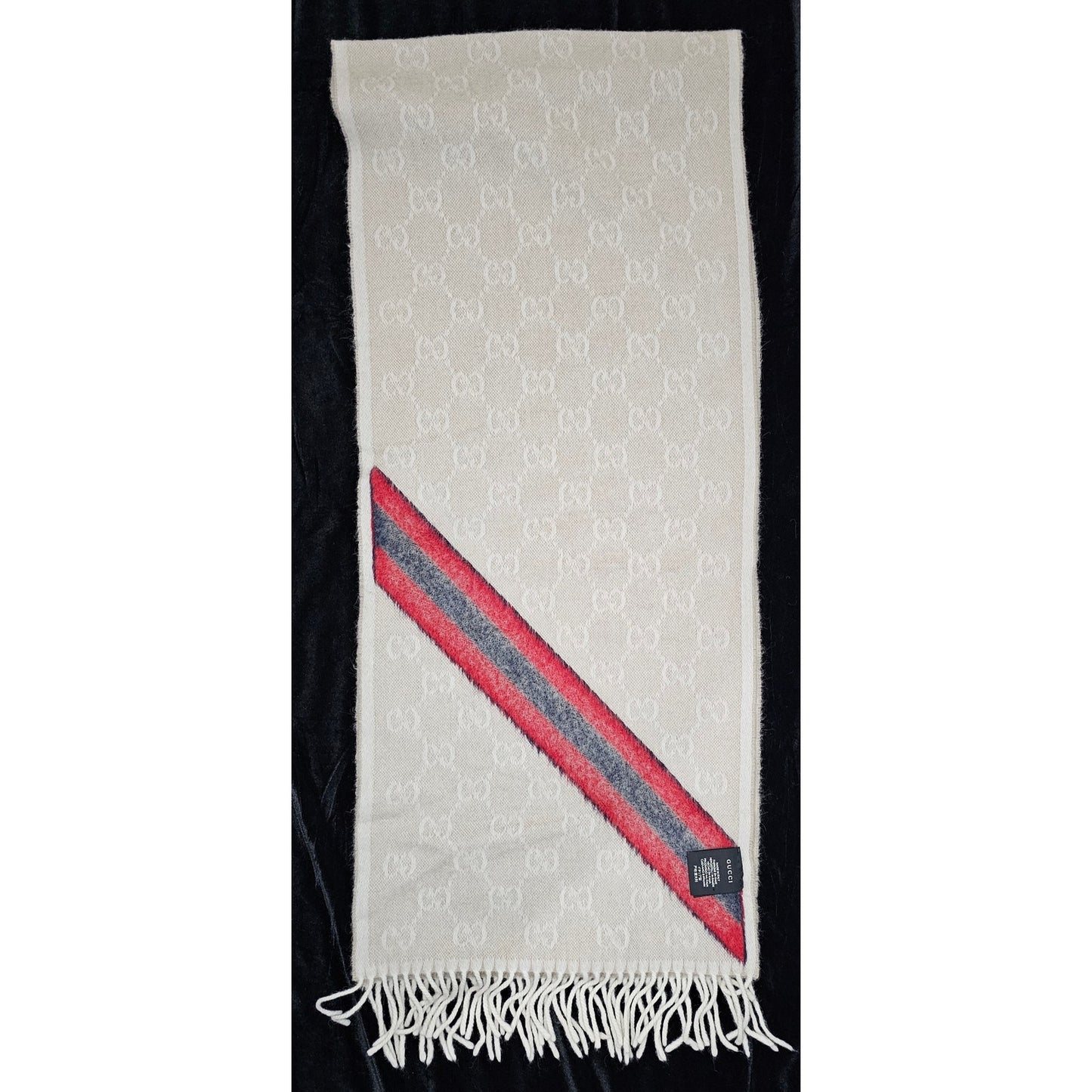 Gucci Muffler Stole Wool GG Pattern Fringe -White/Cream