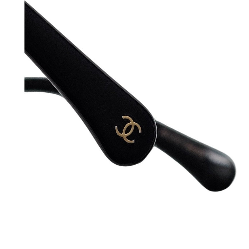 Chanel CH4244 square metal frame sunglasses with a detachable gold-tone chain and grey gradient lenses