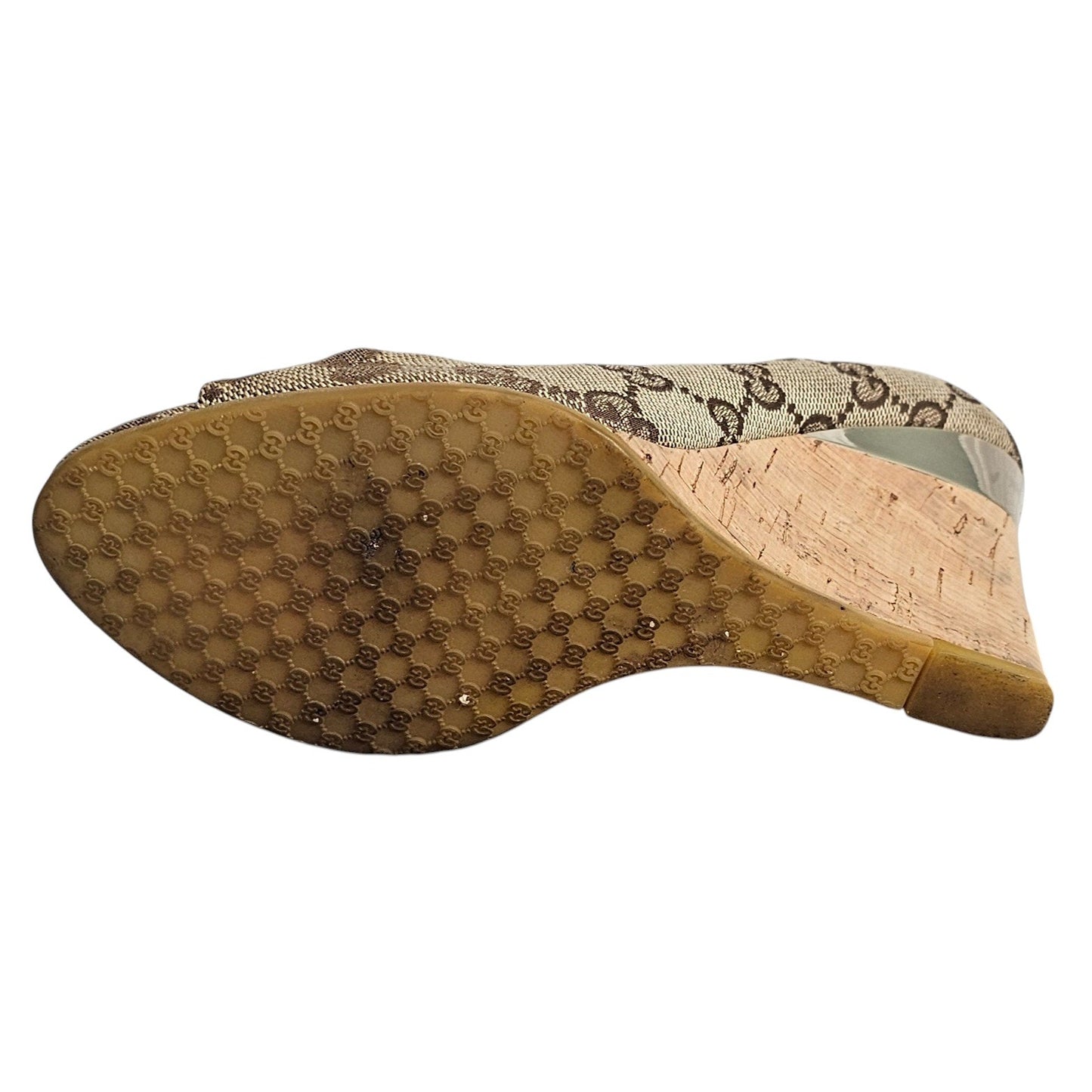 Gucci beige/ebony GG canvas peep-toe Cyprus cork wedge  Size 5B