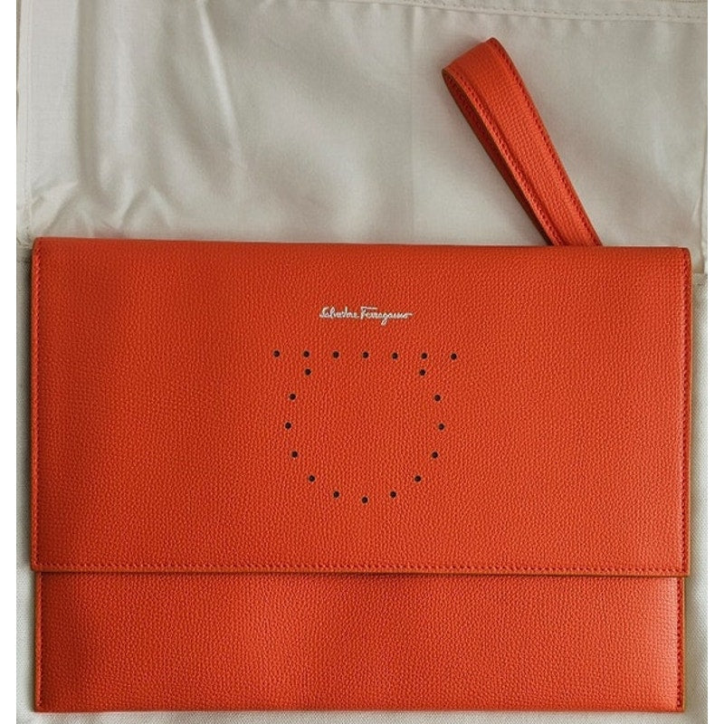 Salvatore Ferragamo Orange Pebbled Leather Clutch Bag