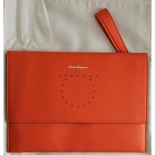 Salvatore Ferragamo Orange Pebbled Leather Clutch Bag