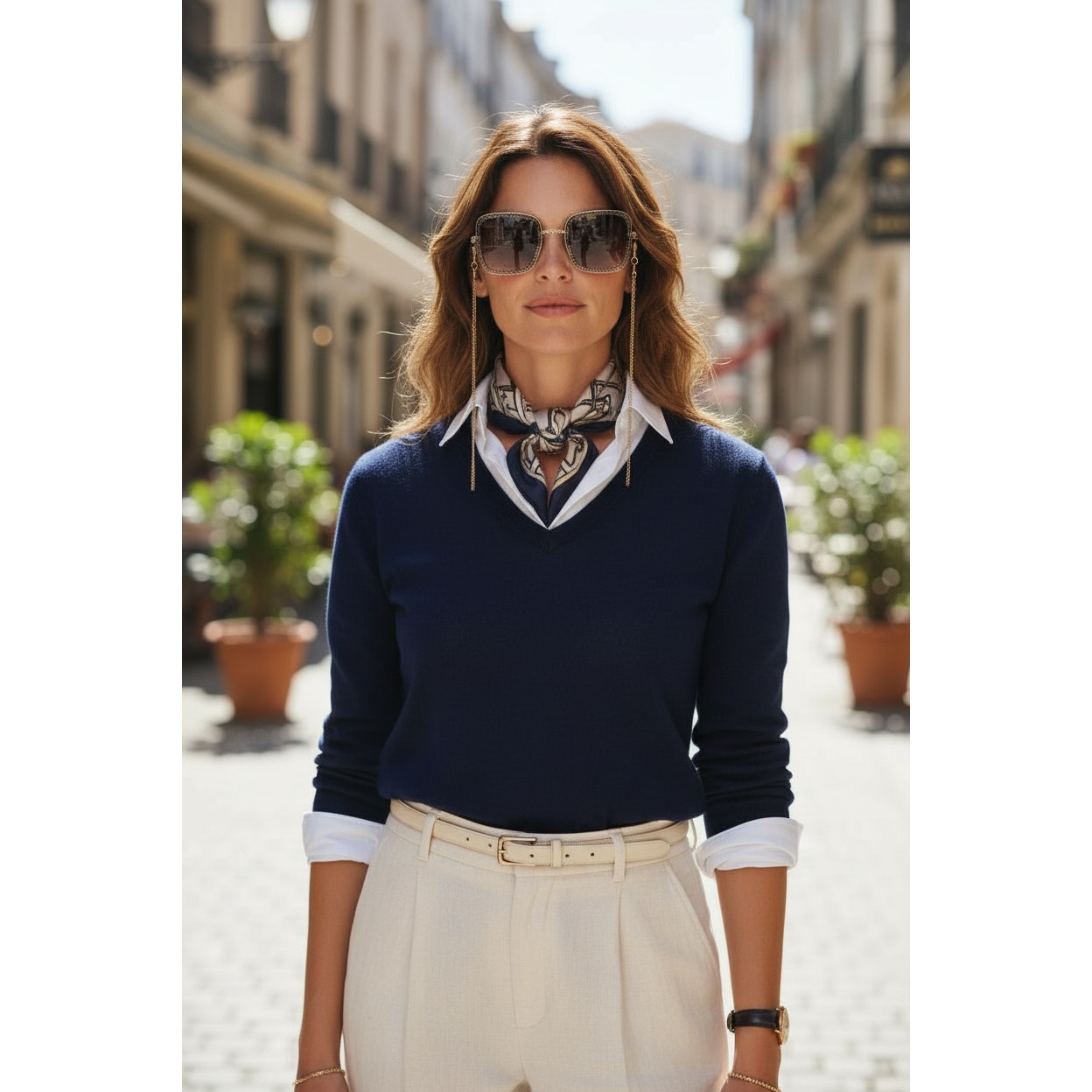 Chanel CH4244 square metal frame sunglasses with a detachable gold-tone chain and grey gradient lenses