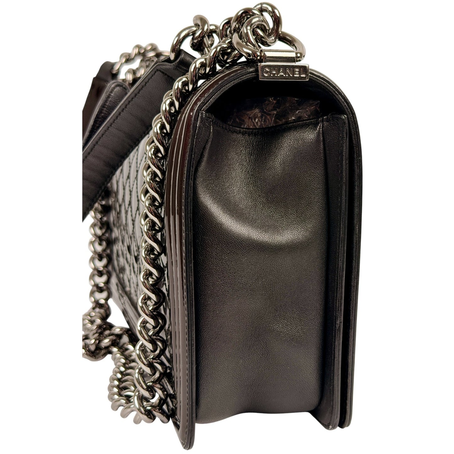 Chanel Boy New Medium Flap Bag in a Brown Patent Leather with Silver-Tone Hardware