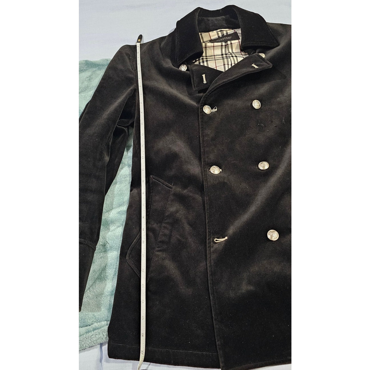 BURBERRY BLACK LABEL Velvet Napoleon Pea Coat Silver Button Men's