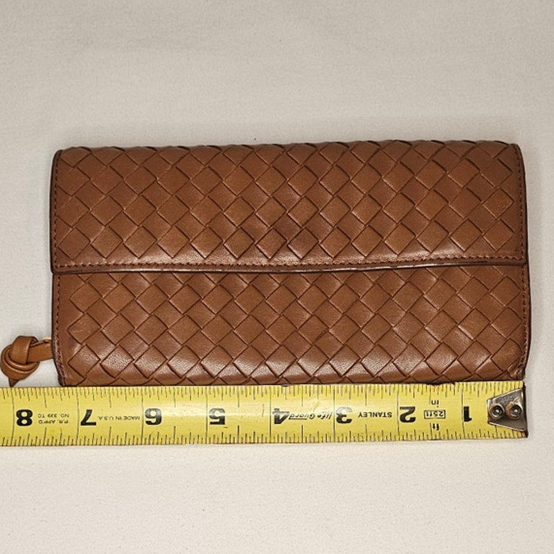 Bottega Veneta Intrecciato woven tan leather continental flap wallet