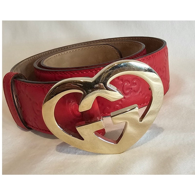 Gucci Red Guccissima Leather Heart Buckle Belt