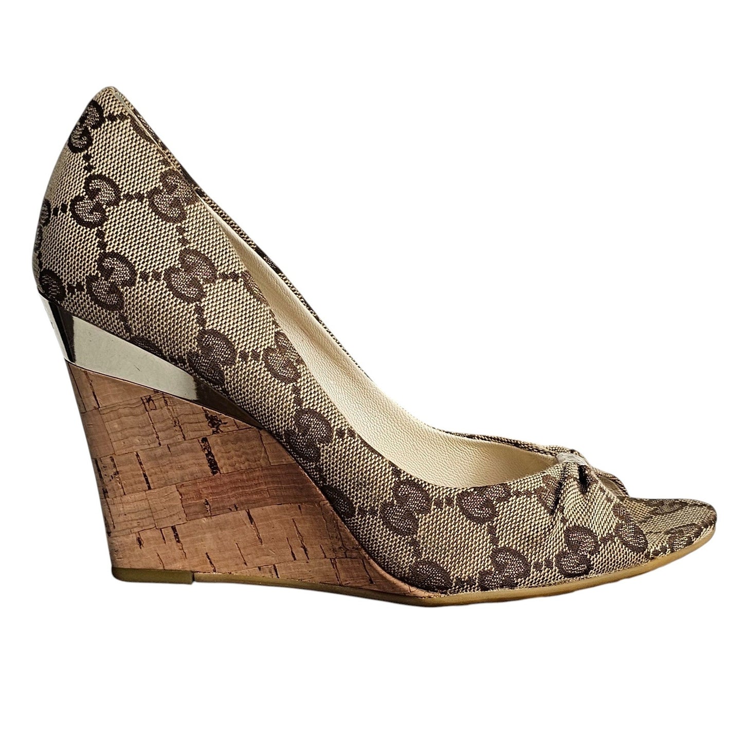 Gucci beige/ebony GG canvas peep-toe Cyprus cork wedge  Size 5B