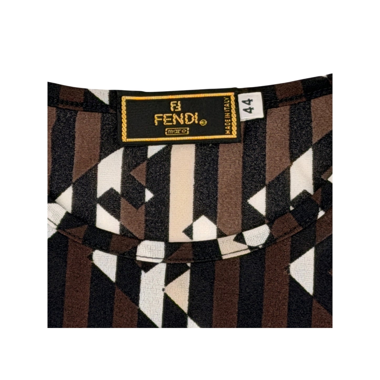 Fendi vintage 1990s T-shirt features a vertical Zucca FF logo pattern in brown, black, and white