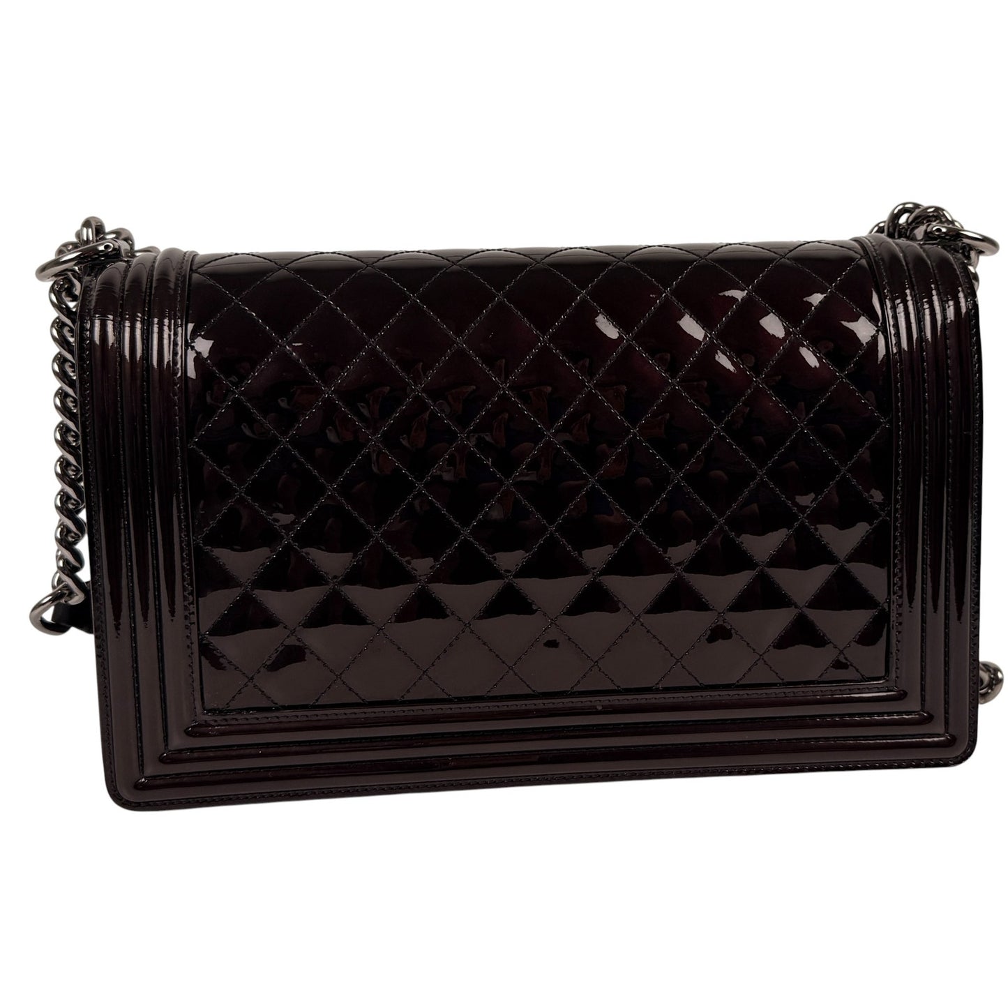 Chanel Boy New Medium Flap Bag in a Brown Patent Leather with Silver-Tone Hardware
