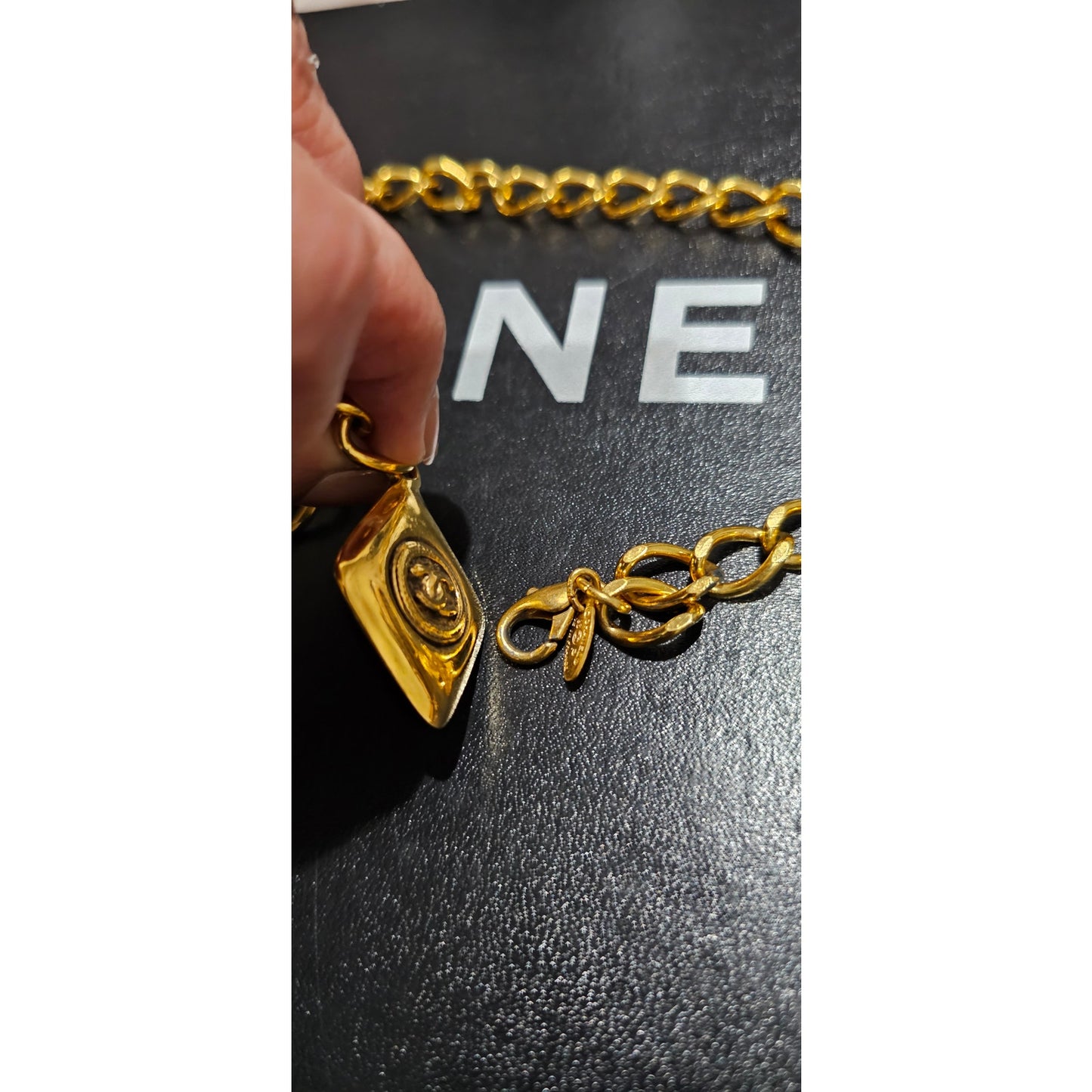 CHANEL CC Vintage 24K Necklace Rhombus Logo Gold 93P