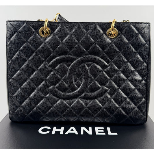 Chanel Grand Shopping Tote (GST) bag in black caviar leather with gold-tone hardware