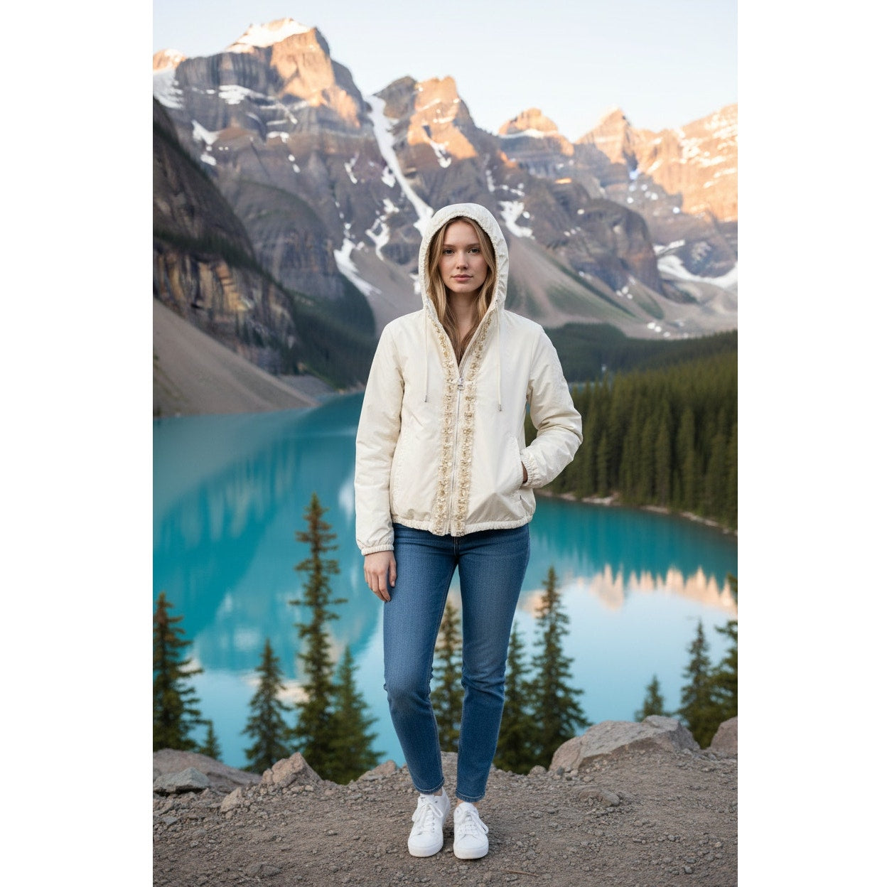 Moncler Argent Floral Rhinestone Polyester Down Jacket, Ivory S/M