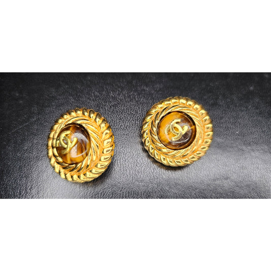 CHANEL Vintage Coco Mark Tiger Eye Earrings