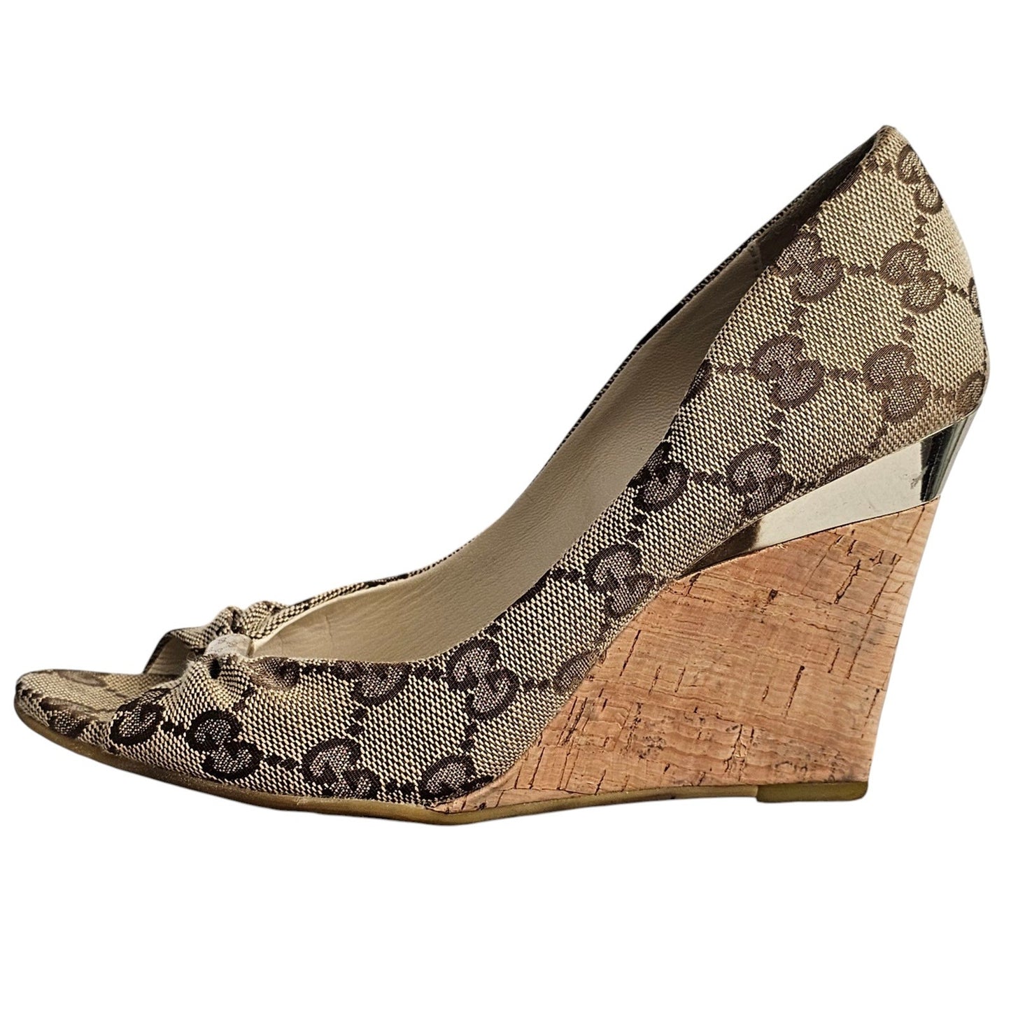 Gucci beige/ebony GG canvas peep-toe Cyprus cork wedge  Size 5B