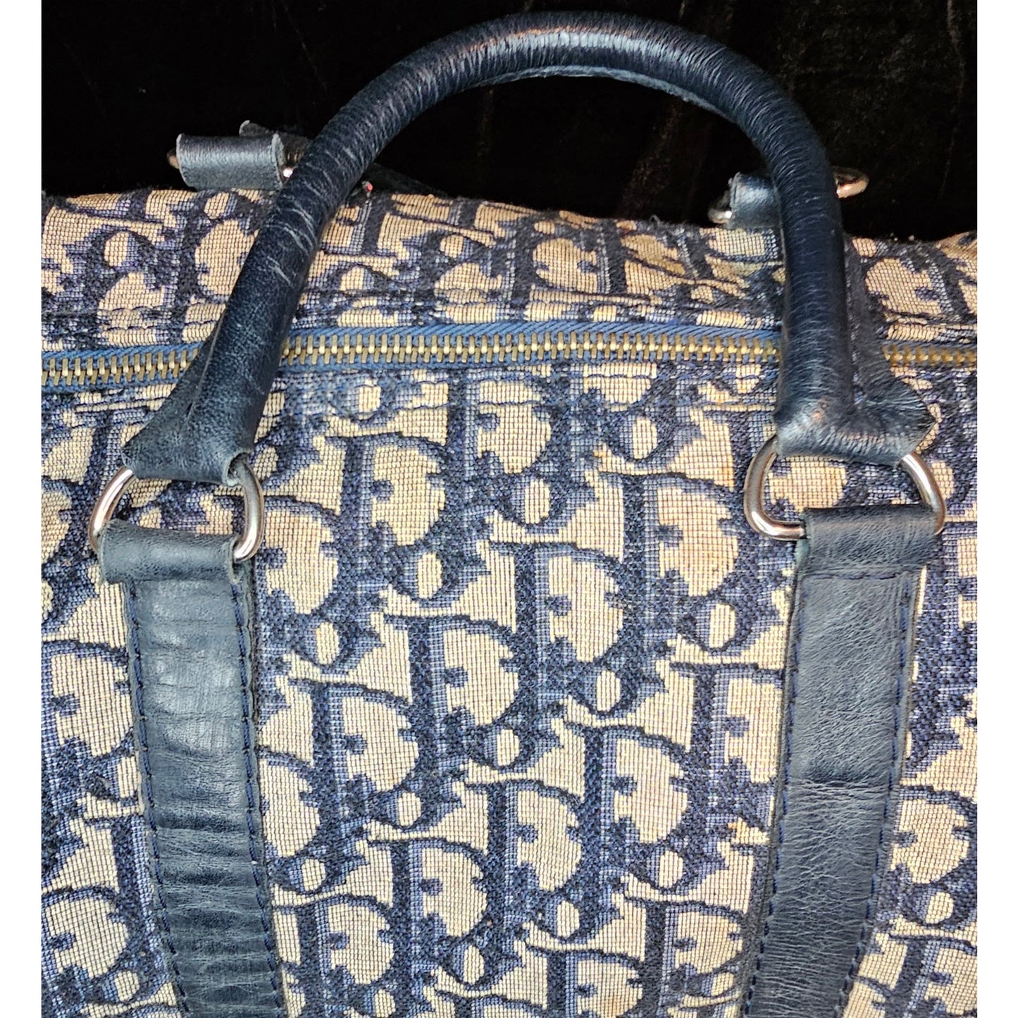 Christian Dior Vintage  Trotter Boston bag in navy blue canvas with leather trim