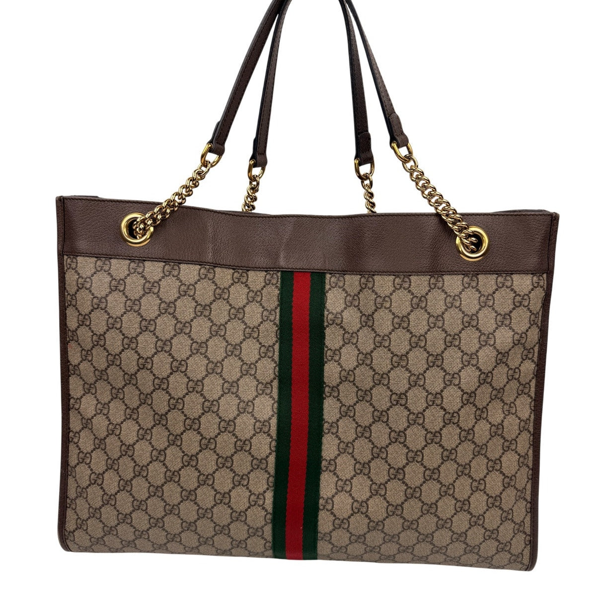 Gucci Rajah Large Tote Bag in GG Supreme canvas, featuring a tiger head detail and chain straps