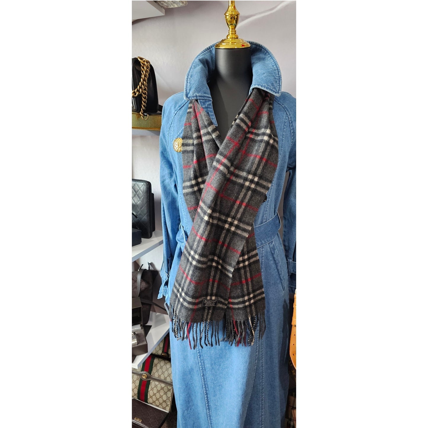 BURBERRYs of London 100% Cashmere Scarf Shawl Nova Check Grey Vintage Made in England