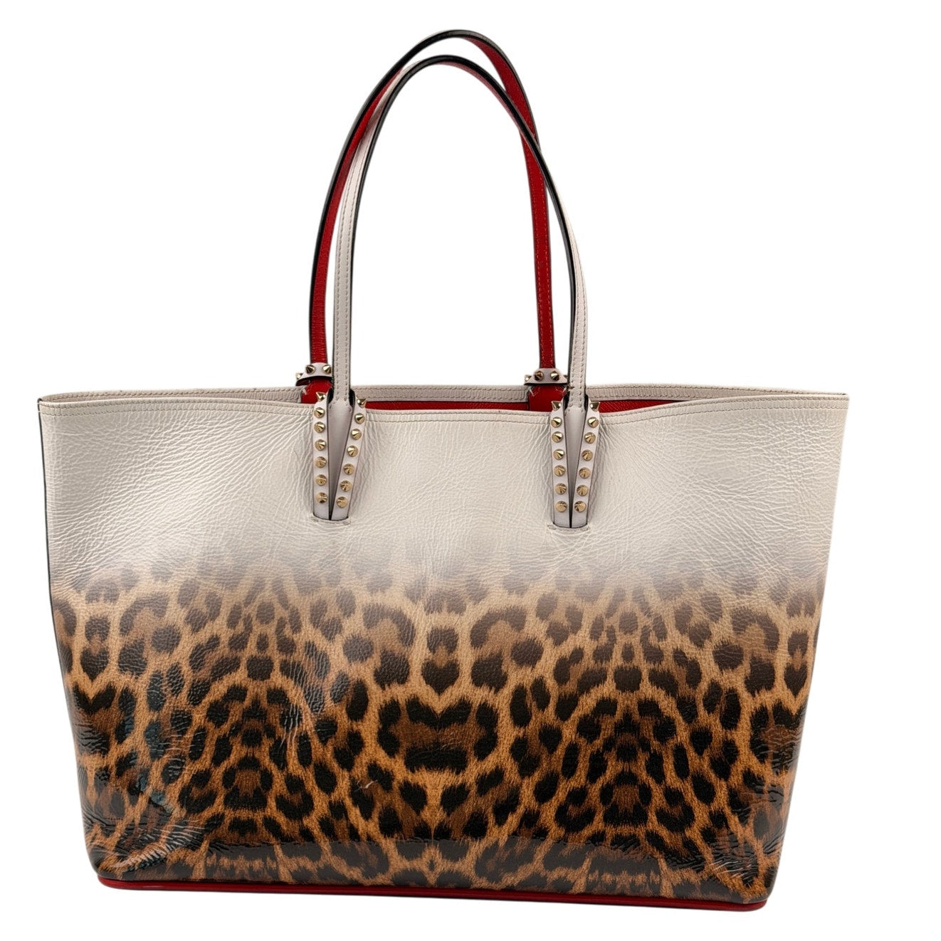 Christian Louboutin Calfskin Degrade Leopard Print Spikes East West Cabata Tote White Multi