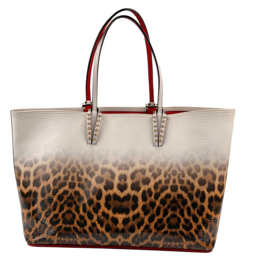 Christian Louboutin Calfskin Degrade Leopard Print Spikes East West Cabata Tote White Multi