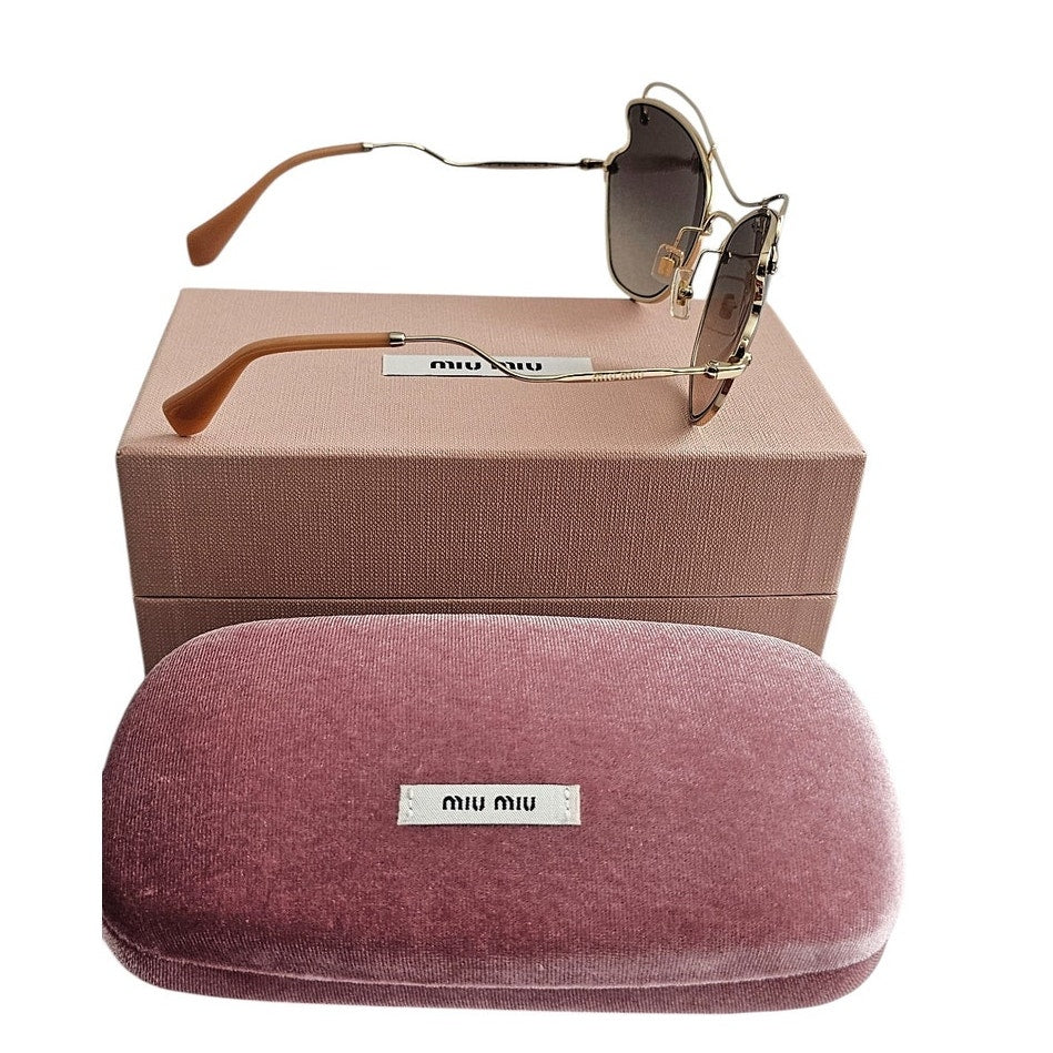 Miu Miu butterfly-style women's sunglasses with a pale gold-tone metal frame