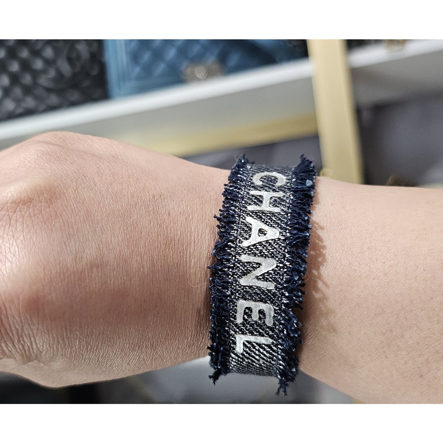 Vintage CHANEL Logo Letter Denim Bangle Bracelet Navy/Silver