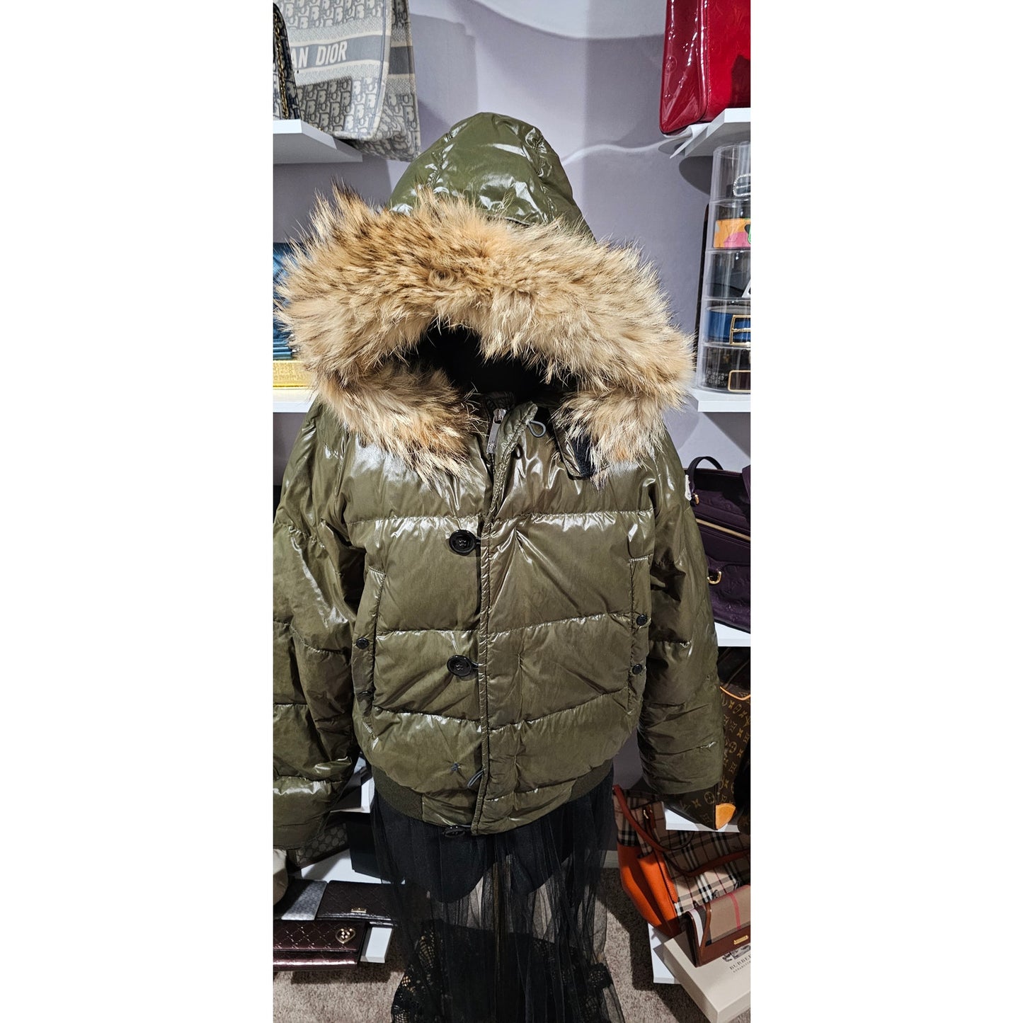 Moncler Down Hooded Jacket with Genuine Fur Olive Green