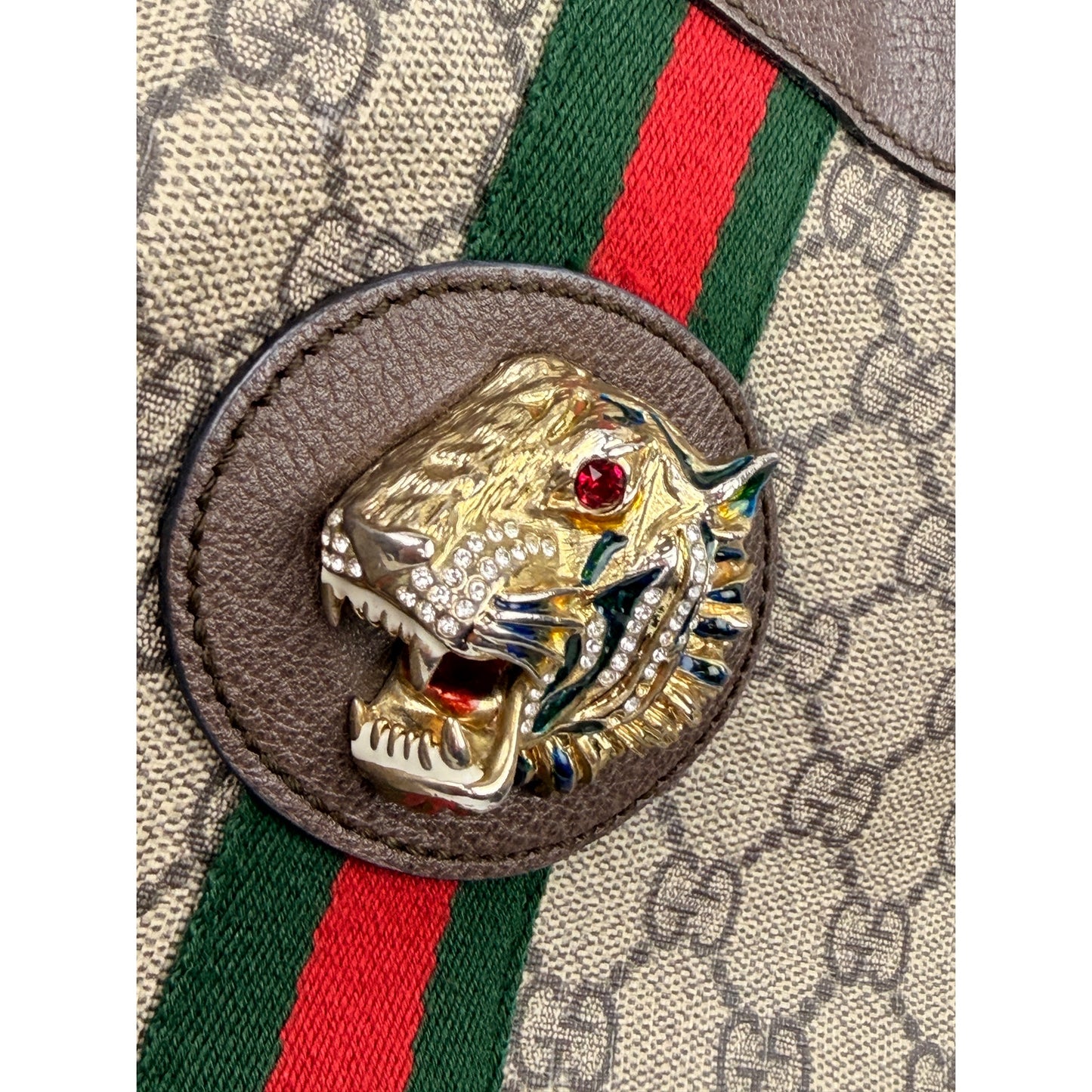 Gucci Rajah Large Tote Bag in GG Supreme canvas, featuring a tiger head detail and chain straps