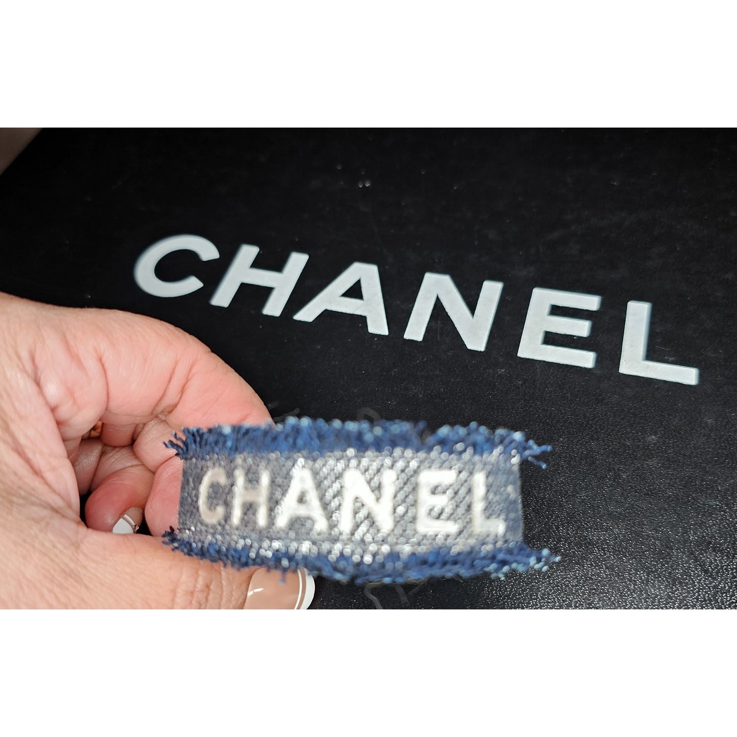 Vintage CHANEL Logo Letter Denim Bangle Bracelet Navy/Silver