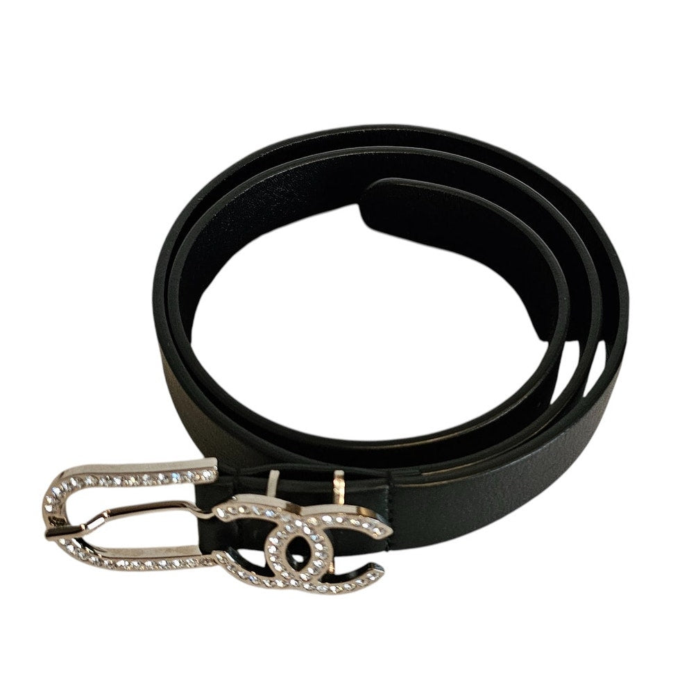 Chanel Black Leather CC Crystals Buckle Belt
