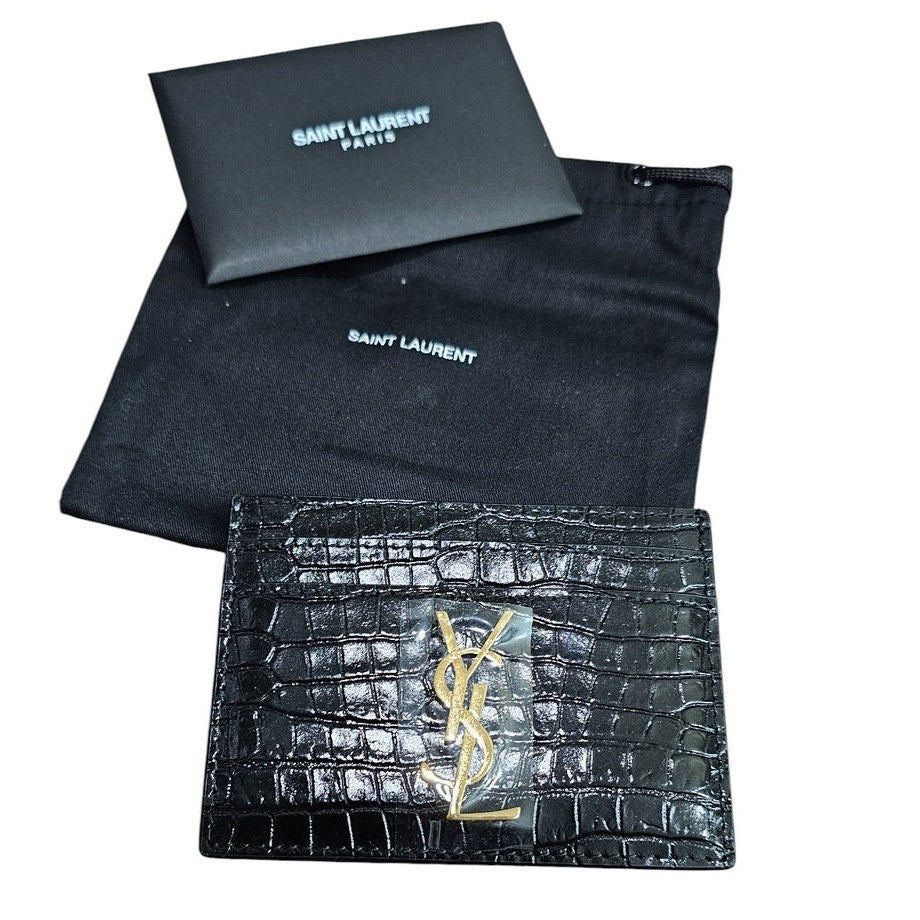 YSL CASSANDRE card case in crocodile-embossed shiny leather