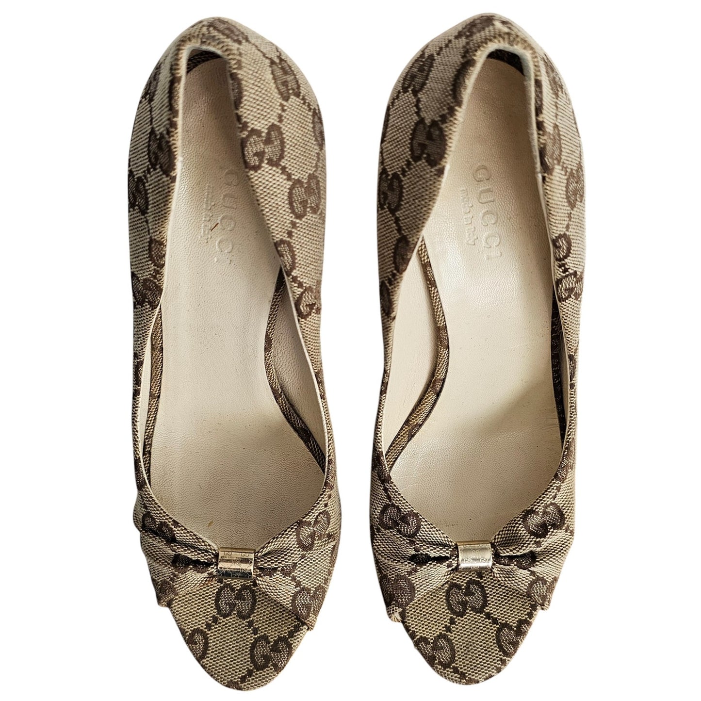 Gucci beige/ebony GG canvas peep-toe Cyprus cork wedge  Size 5B
