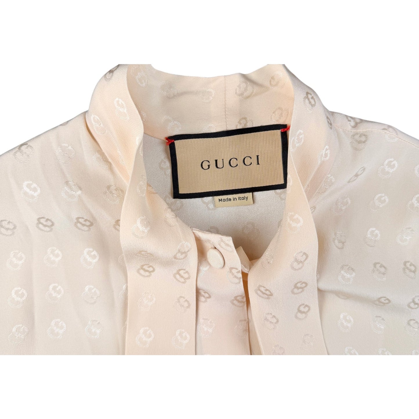 Gucci light beige/Ecru GG silk jacquard blouse with a self-tie neck bow Sz 36