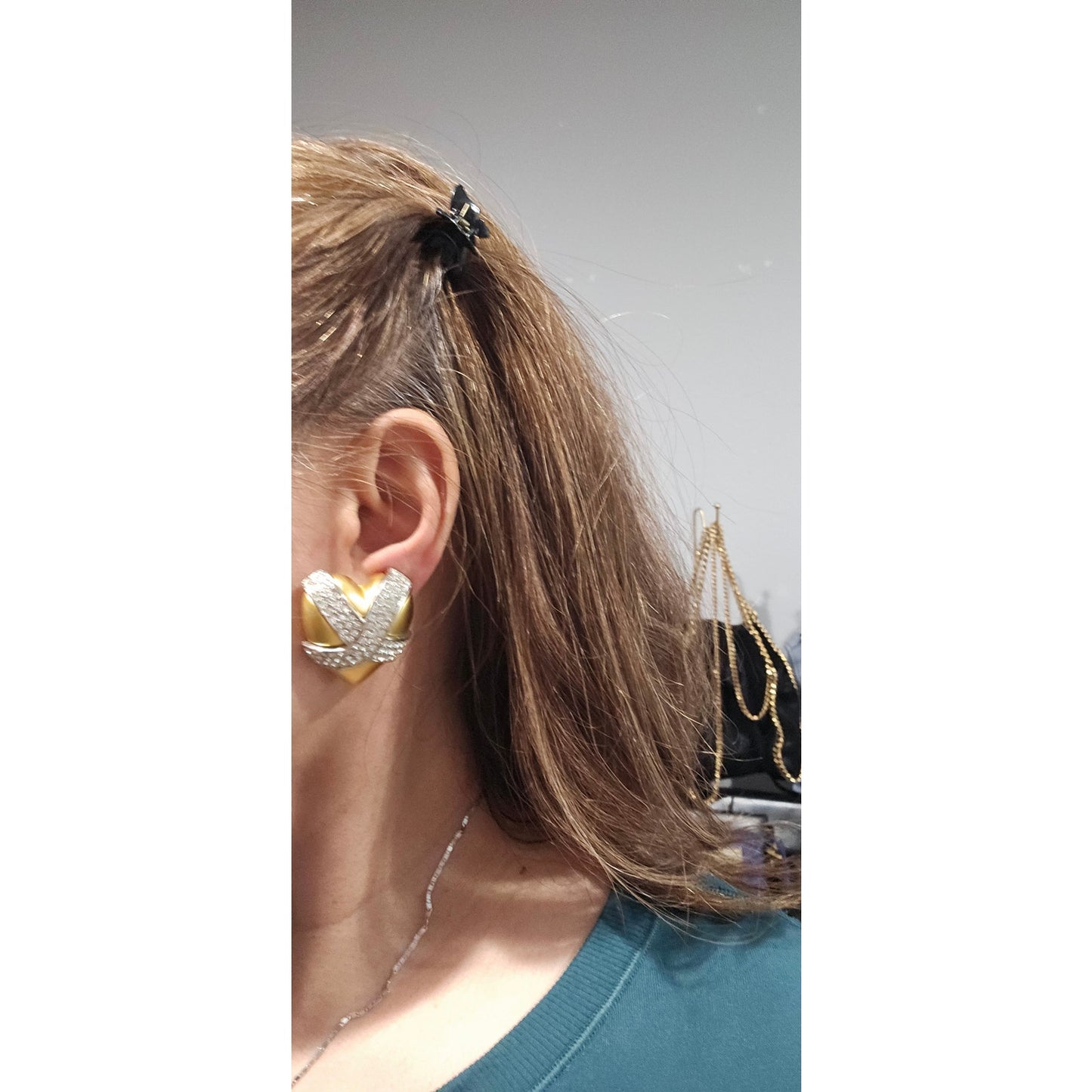 1980s Signed Givenchy Goldtone Pavé Clear Rhinestone X Heart Clip-on Earrings