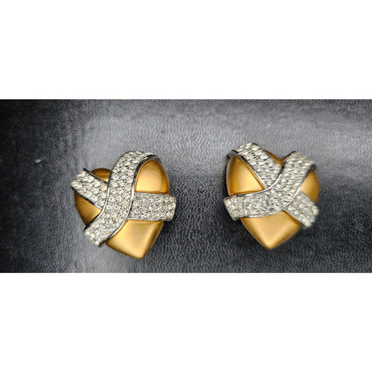 1980s Signed Givenchy Goldtone Pavé Clear Rhinestone X Heart Clip-on Earrings