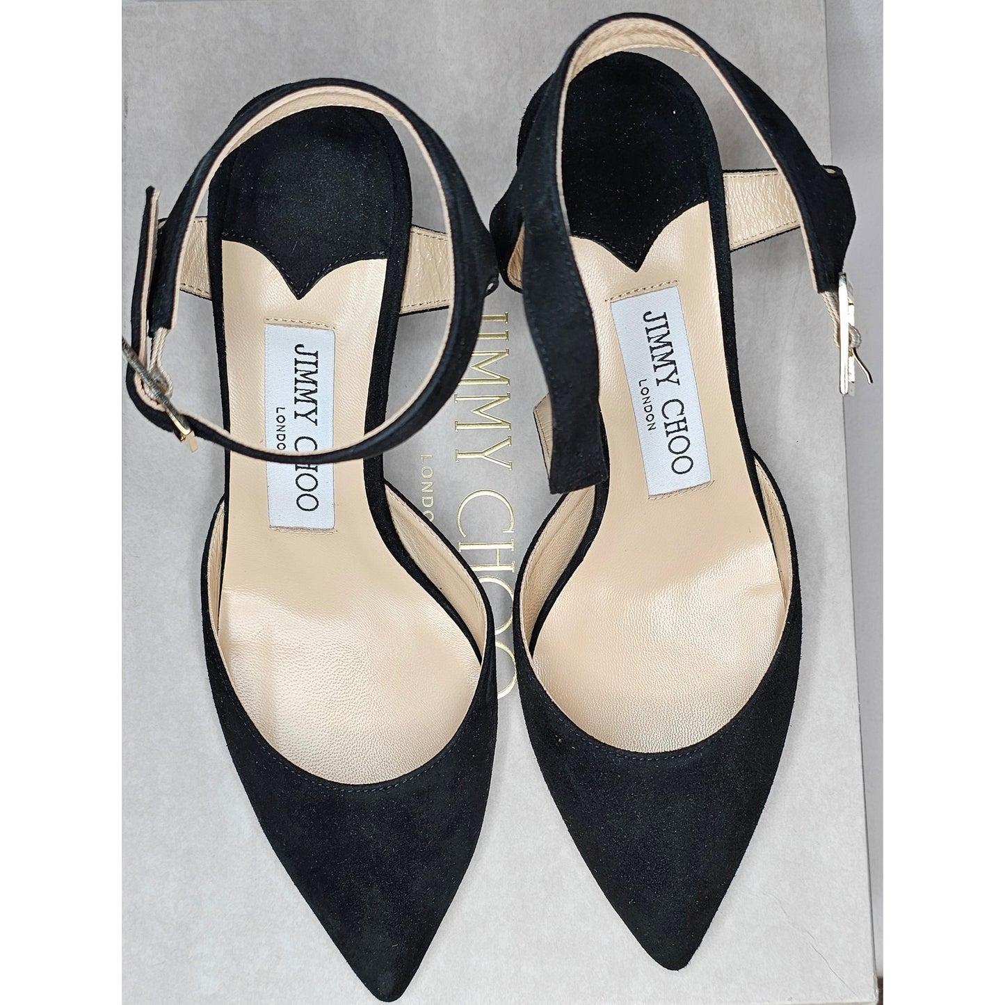 Jimmy Choo Black Suede Block Heels Ankle Strap Pointed Toe Shoes Size 36